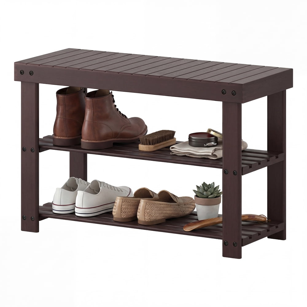 2-Tier Shoe Rack Bench, Bamboo Free-Standing Entryway Storage Shelf, Espresso product photo