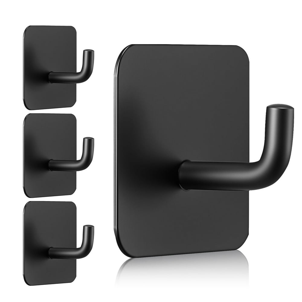 Adhesive Wall Hooks No Drill, 4-Pack Matte Black Stick-On Towel Robe Coat Hooks for Bathroom Closet product photo