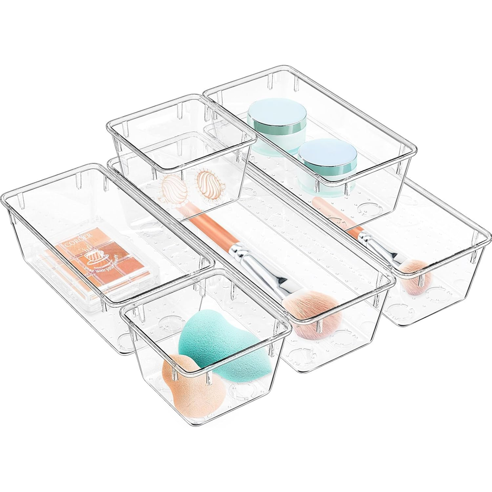 Clear Acrylic Drawer Organizer Trays, 6-Pack Stackable Vanity & Makeup Storage Bins, Clear product photo