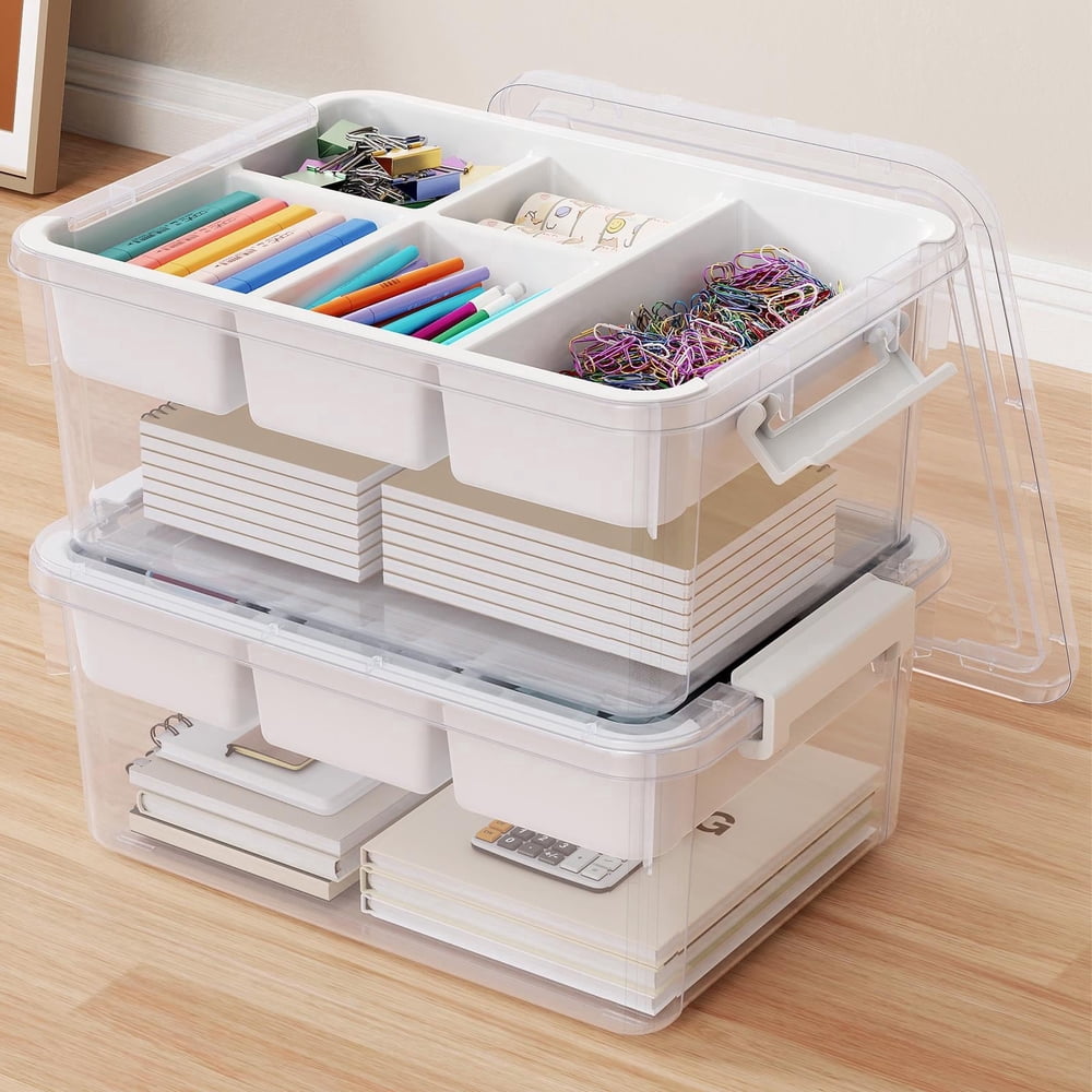 Clear Stackable Storage Box, 2-Pack with Lids and Removable Divider Trays, Clear product photo
