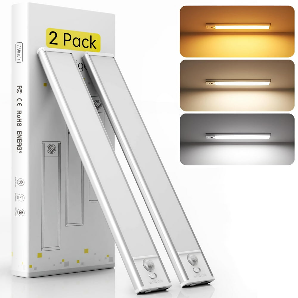 Motion Sensor Closet Light, 2-Pack Rechargeable Under-Cabinet LED Bar with 3 Color Modes, White 2-Pack product photo