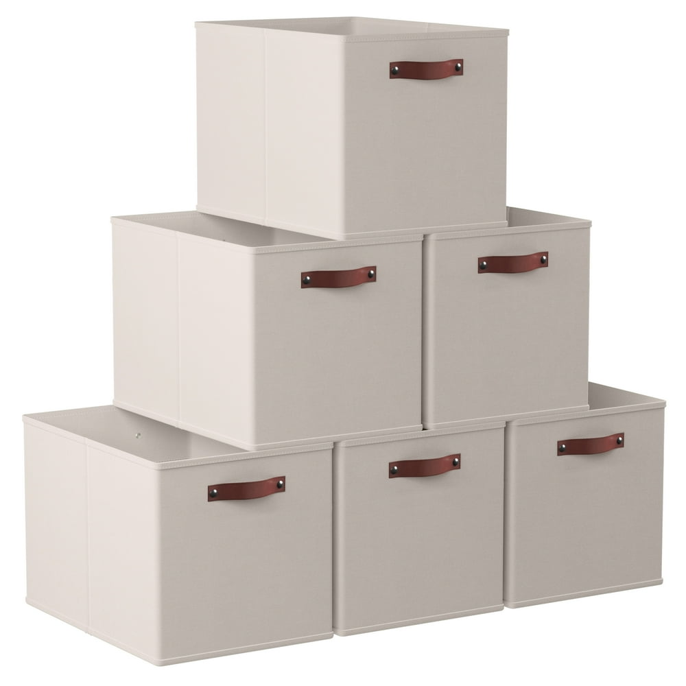 Closet Storage Bin Set, 6-Pack Beige Fabric Foldable Cube Organizers with Leather Handles product photo