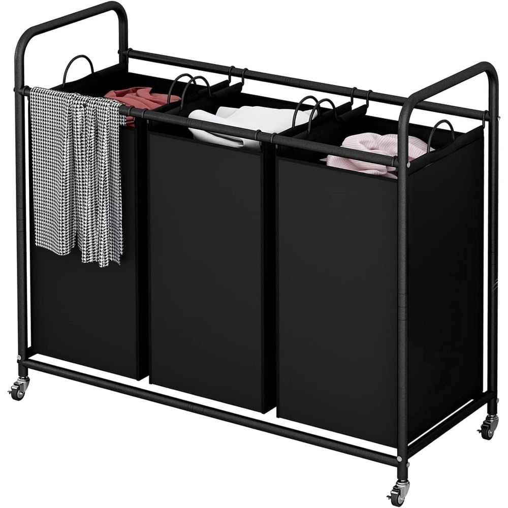 3-Bag Rolling Laundry Sorter Cart with Wheels and Lids, Heavy-Duty Hamper Organizer, Black product photo