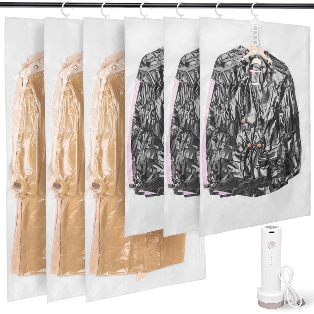 Hanging Vacuum Storage Bags, 6-Pack Closet Compression Garment Covers with Pump, Clear product photo