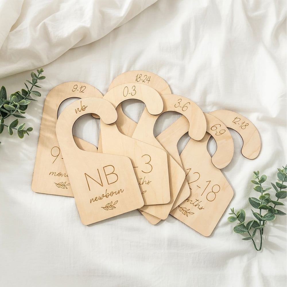 Nursery Closet Dividers, 7-Pack Baby Clothes Size Organizer Hangers, Natural Wood product photo