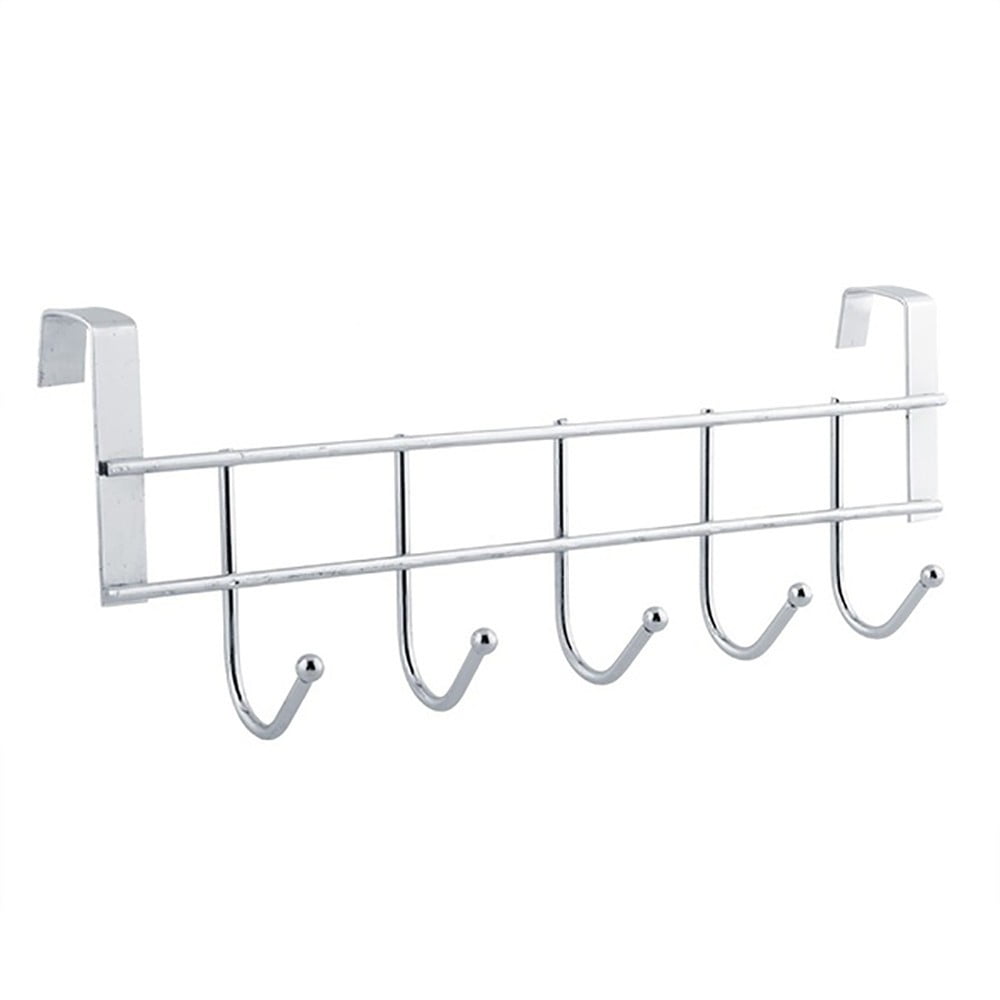 Over the Door Hook Rack, 5-Hook Silver Metal Hanger for Coats, Towels and Robes product photo