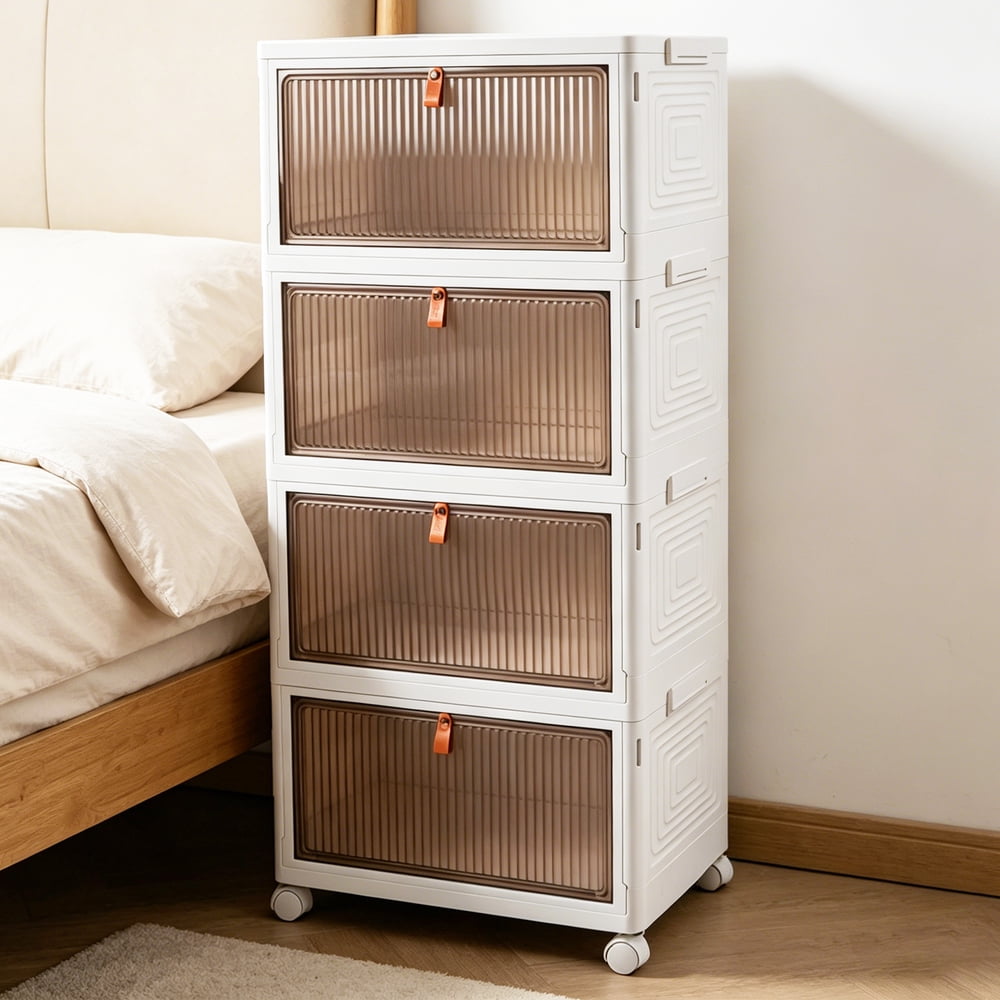 Stackable Storage Cabinet, Plastic Modular Closet Organizer with Doors & Wheels, White product photo