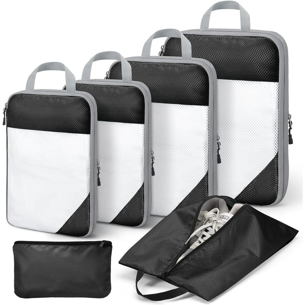 Travel Compression Packing Cubes, 6-Piece Expandable Luggage Organizer Set with Shoe Bag, Black and White product photo