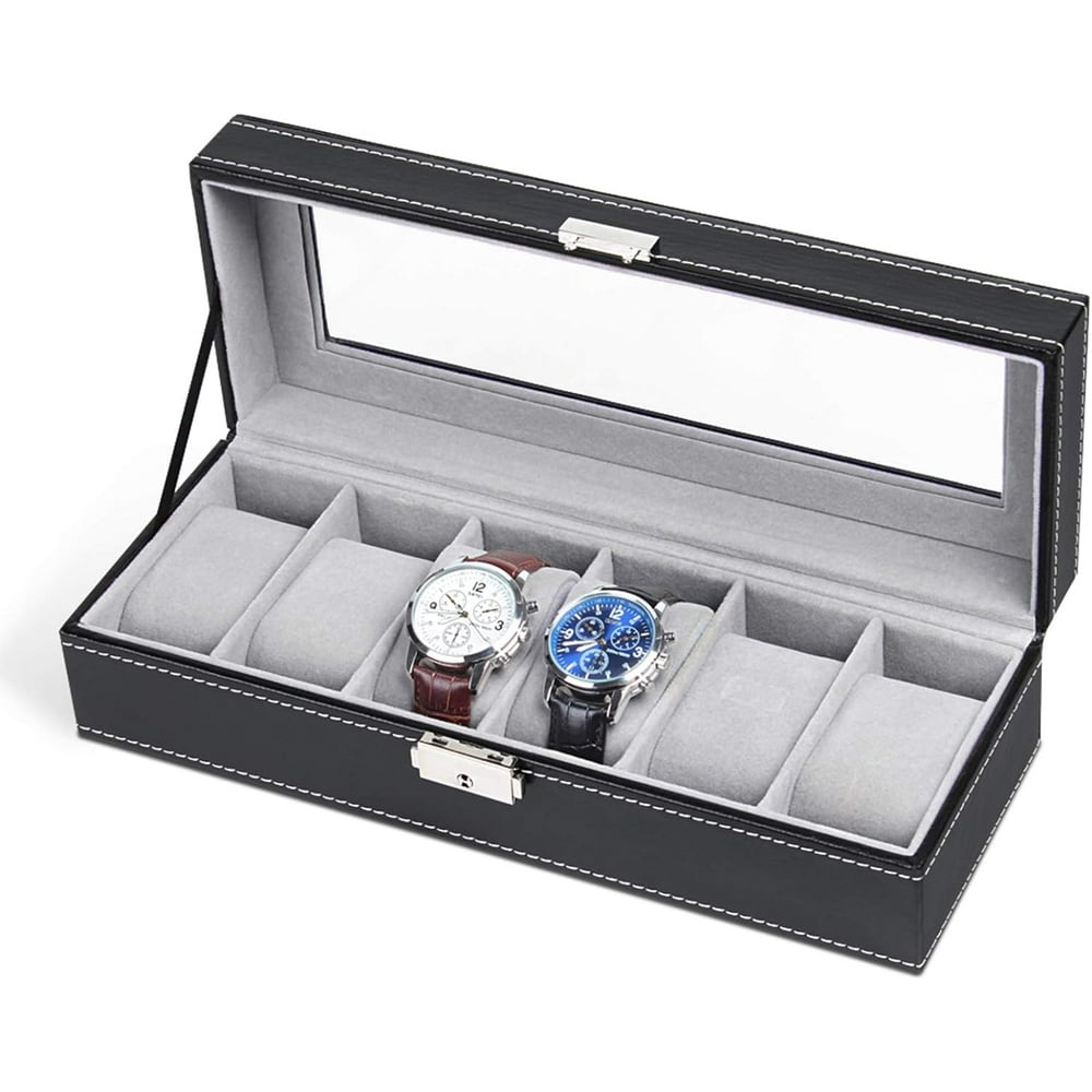 Watch Box Organizer, 6-Slot Display Case with Glass Lid and Soft Cushions, Black product photo