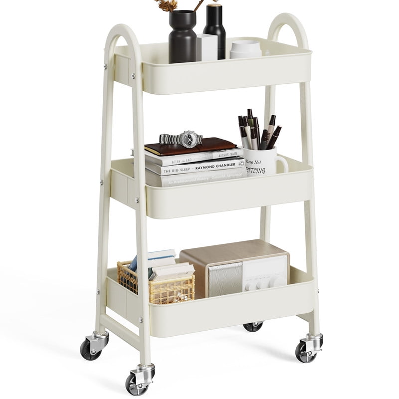 3-Tier Rolling Storage Cart, Metal Utility Closet Organizer on Wheels, White  product photo