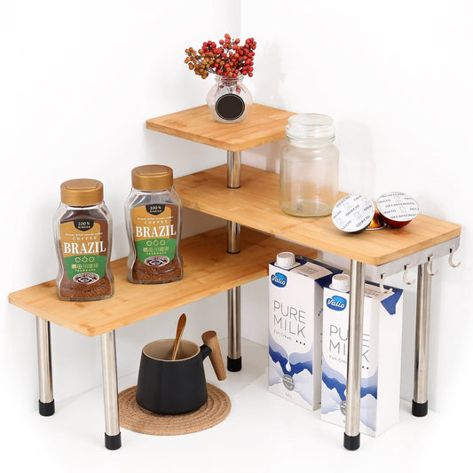 3-Tier Bamboo Corner Shelf Organizer, Free-Standing Countertop Storage Rack with Hooks, Natural  product photo
