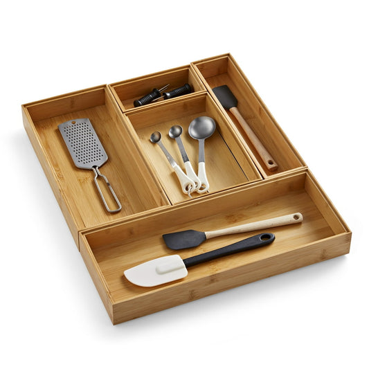 Bamboo Drawer Organizer Tray Set, 5-Pack Interlocking Storage Trays for Utensils and Tools, Natural  product photo