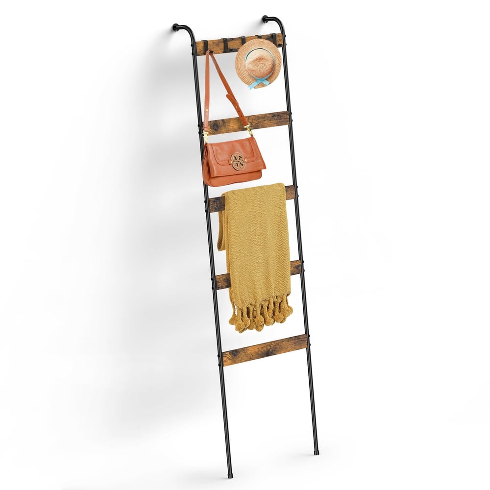 Blanket Ladder Rack Freestanding, 5-Rung Rustic Wood and Black Metal Leaning Quilt Throw Display Stand  product photo