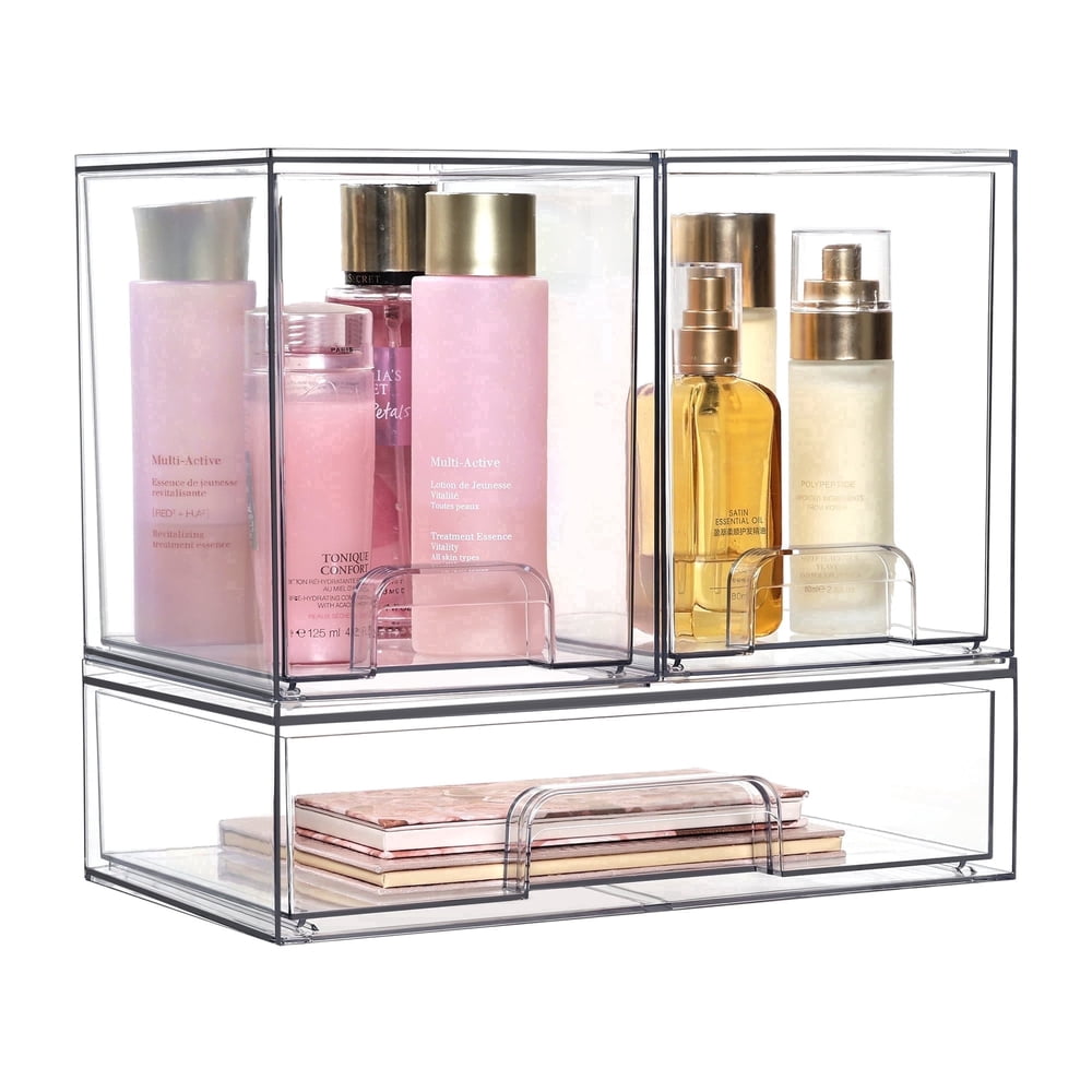 Clear Stackable Storage Organizer with Drawer, Acrylic Vanity and Closet Bins, Clear 2-Piece Set product photo