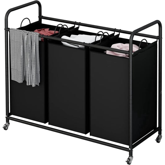3-Bag Rolling Laundry Sorter Cart with Wheels and Lids, Heavy-Duty Hamper Organizer, Black  product photo