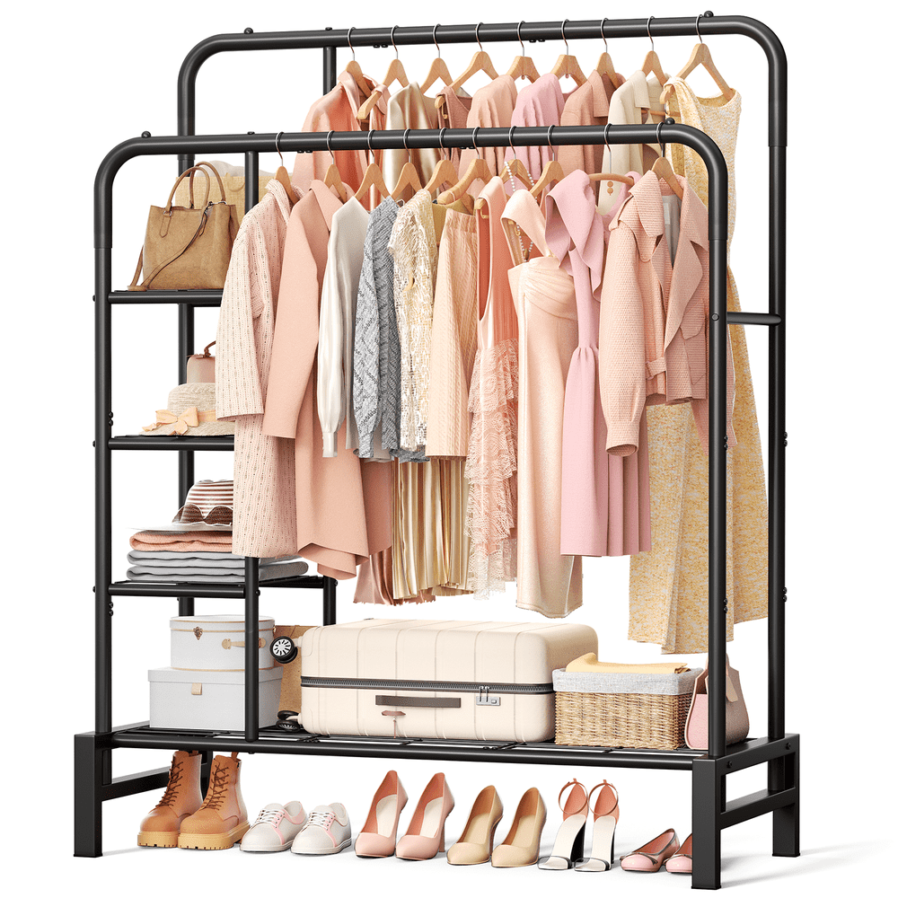 Double-Rod Garment Rack Freestanding, Black Metal Clothing Rack with Side Shelves and Shoe Storage  product photo