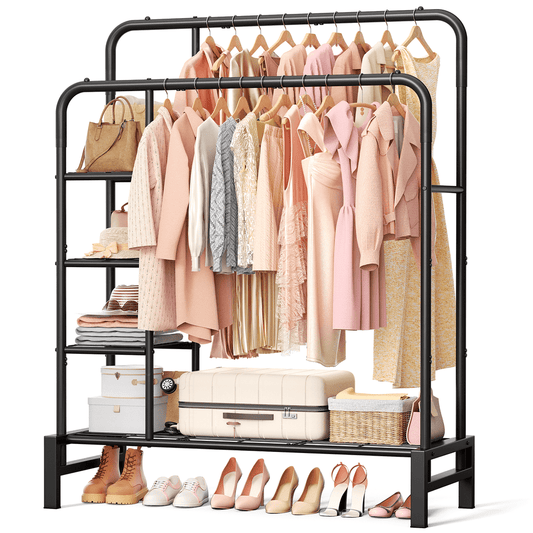 Double-Rod Garment Rack Freestanding, Black Metal Clothing Rack with Side Shelves and Shoe Storage  product photo