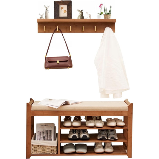 Entryway Organization Set, Wood Shoe Storage Bench with Cushion and Wall Hook Shelf, Natural Bamboo  product photo