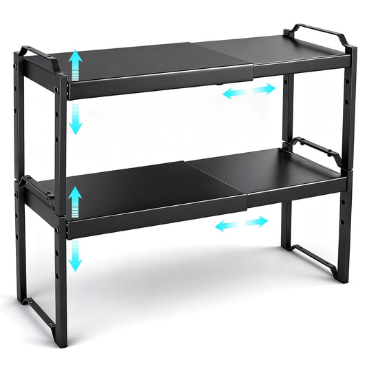 Expandable Shelf Organizer for Cabinets, 2-Pack Adjustable Metal Counter Riser, Black  product photo