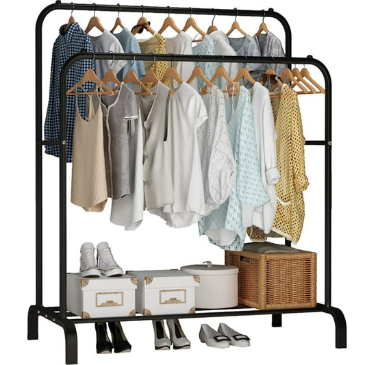 Freestanding Clothes Rack, Double-Rail Black Metal Garment Organizer with Lower Shelf  product photo
