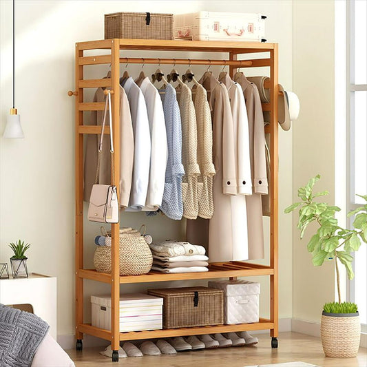 Freestanding Garment Rack, Natural Wood Clothes Stand with Bottom Shelf and Hanging Bar  product photo
