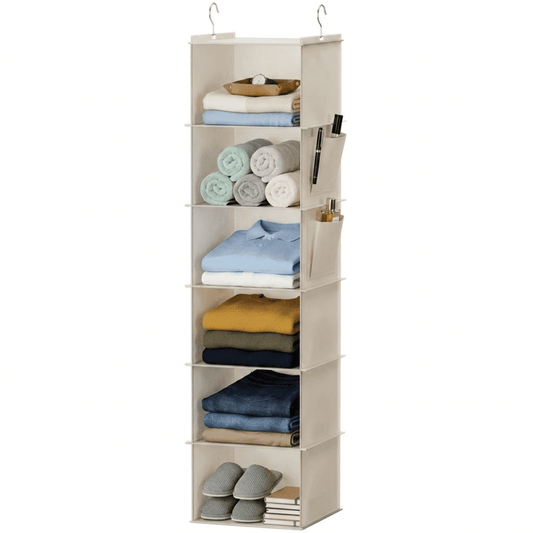 Hanging Closet Organizer, 6-Shelf Nursery Storage with Side Pockets, Beige  product photo