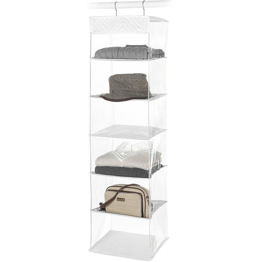 Hanging Sweater Shelf Organizer, White Clear-Sided 6-Shelf Closet Cubby  product photo