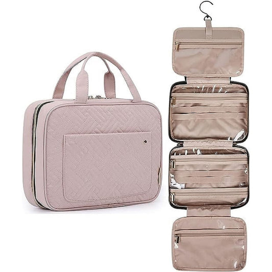 Hanging Toiletry Bag, Pink 4-Compartment Travel Organizer with Hook  product photo