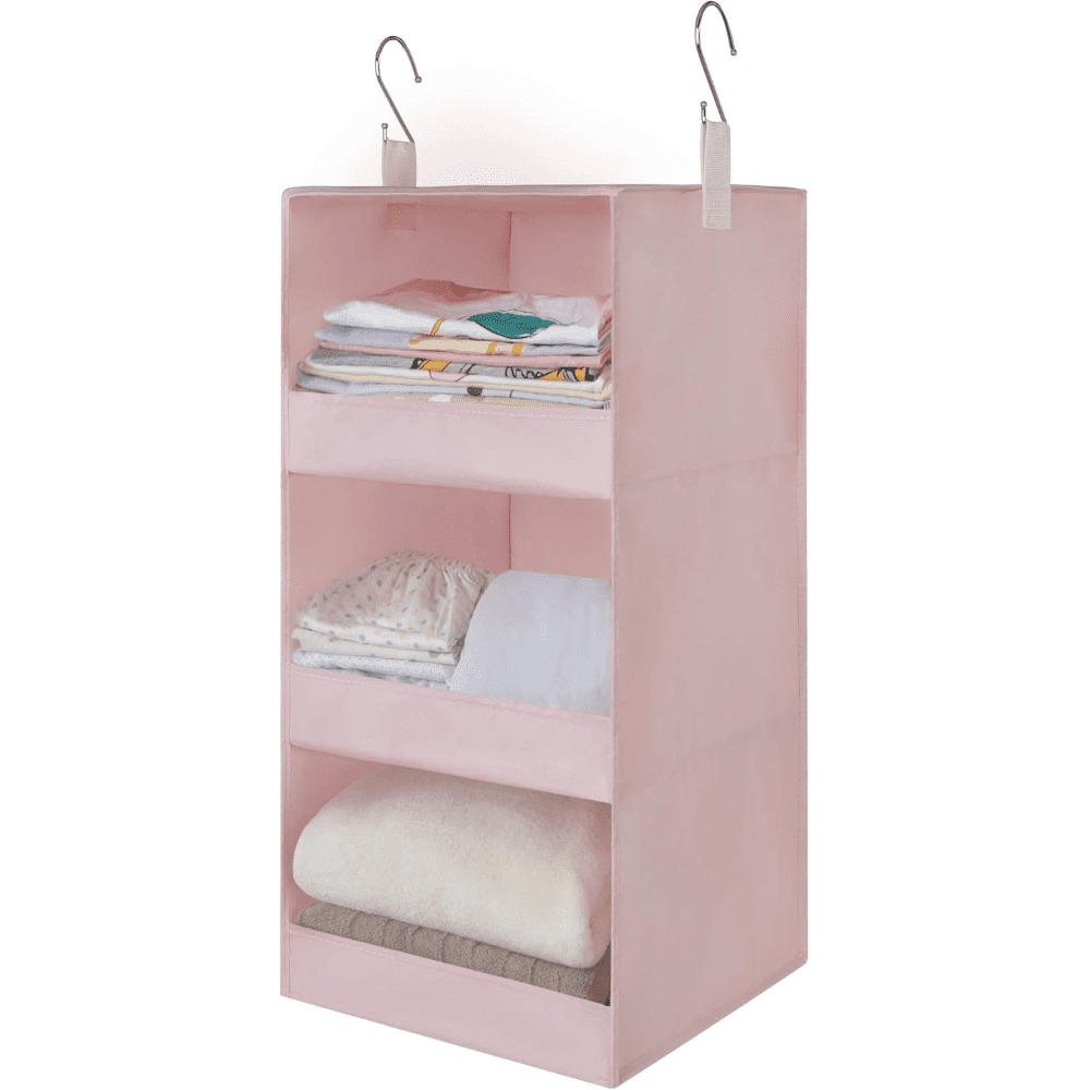 Hanging Closet Organizer, Pink Collapsible 3-Shelf Fabric Storage Cubby  product photo