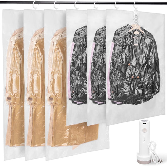 Hanging Vacuum Storage Bags, 6-Pack Closet Compression Garment Covers with Pump, Clear  product photo