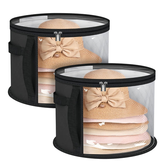 Hat Storage Box with Lid 2 Pack, Black Round Stackable Organizer with Clear Window  product photo