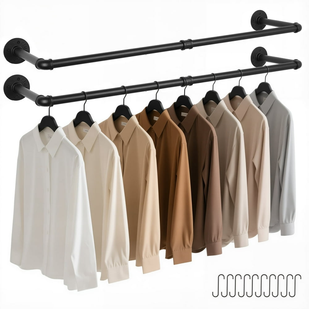 Industrial Pipe Clothing Rack, Wall-Mounted Double-Bar Metal Garment Rod with Hooks, Black  product photo