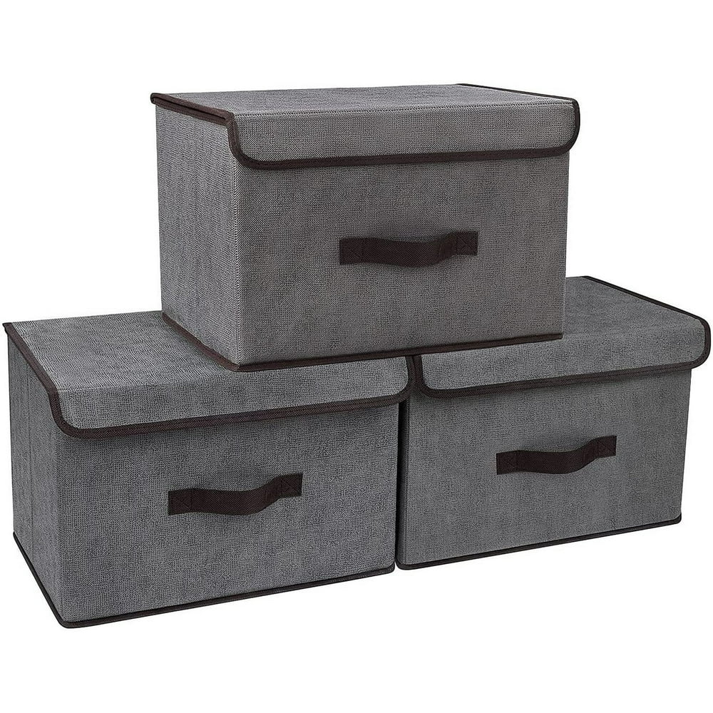 Lidded Fabric Storage Boxes, 3-Pack Gray Foldable Stackable Closet Organizer Bins with Handle  product photo
