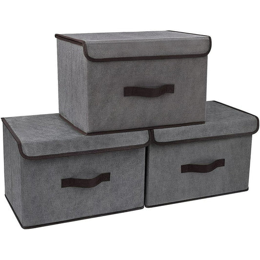 Lidded Fabric Storage Boxes, 3-Pack Gray Foldable Stackable Closet Organizer Bins with Handle  product photo