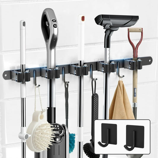 Broom & Mop Holder Wall Rack, 5-Slot Spring-Grip Organizer with 6 Hooks, Black Steel  product photo