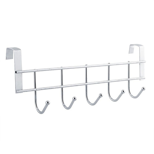 Over the Door Hook Rack, 5-Hook Silver Metal Hanger for Coats, Towels and Robes  product photo