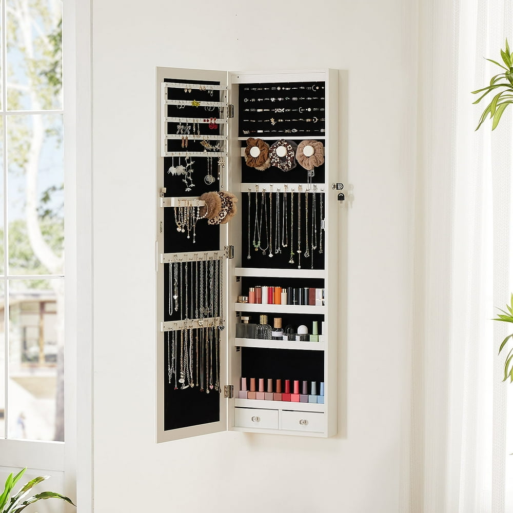 Over-the-Door Jewelry Cabinet with Mirror, Lockable White Hanging Armoire Organizer  product photo