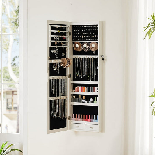 Over-the-Door Jewelry Cabinet with Mirror, Lockable White Hanging Armoire Organizer  product photo