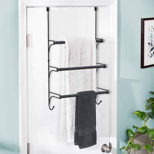 Over-the-Door Towel Rack, 3-Tier Black Hanging Bar Organizer with 2 Hooks  product photo