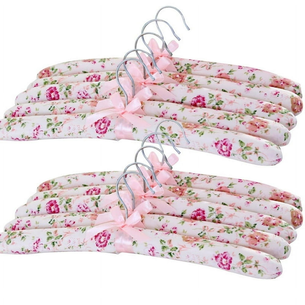 Padded Satin Hangers, 10-Pack Pink Floral Curved-Shoulder Hangers for Blouses & Coats  product photo