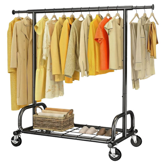 Portable Garment Rack, Rolling Clothes Rail with Wheels and Bottom Shelf Heavy Duty, Black  product photo
