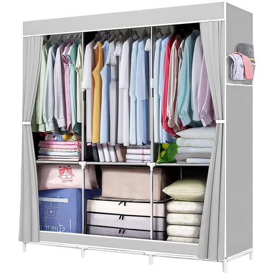 Portable Wardrobe Closet, Fabric Cover with Shelves & Hanging Rod Storage, Grey  product photo