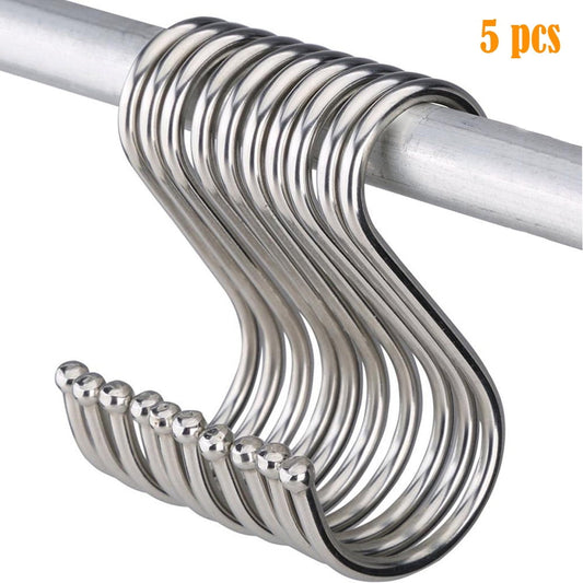 Stainless Steel S Hooks for Closet Rods, 5-Pack Rail-Mount Hanging Hardware, Polished Silver  product photo