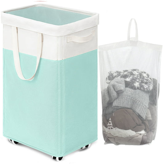 Rolling Laundry Hamper Cart with Wheels, Mint Green Collapsible Basket and Mesh Wash Bag  product photo
