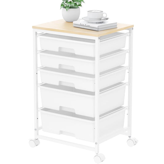 Rolling Storage Drawer Cart, 5-Drawer Mobile Organizer with Wood Top, White Frame  product photo