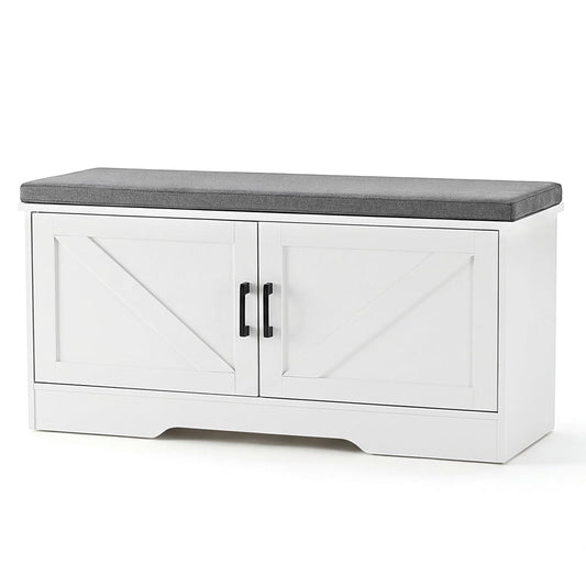 Entryway Storage Bench with Cushioned Seat, Farmhouse Barn-Door Cabinet, White with Gray Cushion  product photo