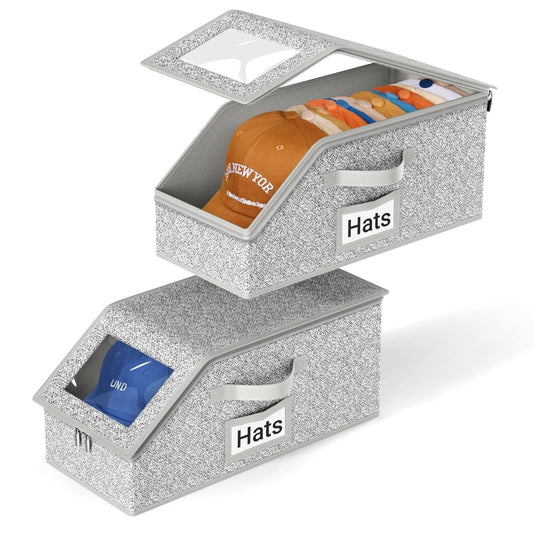 Stackable Hat Storage Box, 4-Pack Fabric Cap Organizer Bin with Window & Lid, Grey  product photo