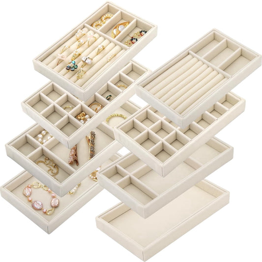 Stackable Jewelry Organizer Tray Set, 5-Pack Velvet Drawer Insert for Rings and Earrings, Beige  product photo