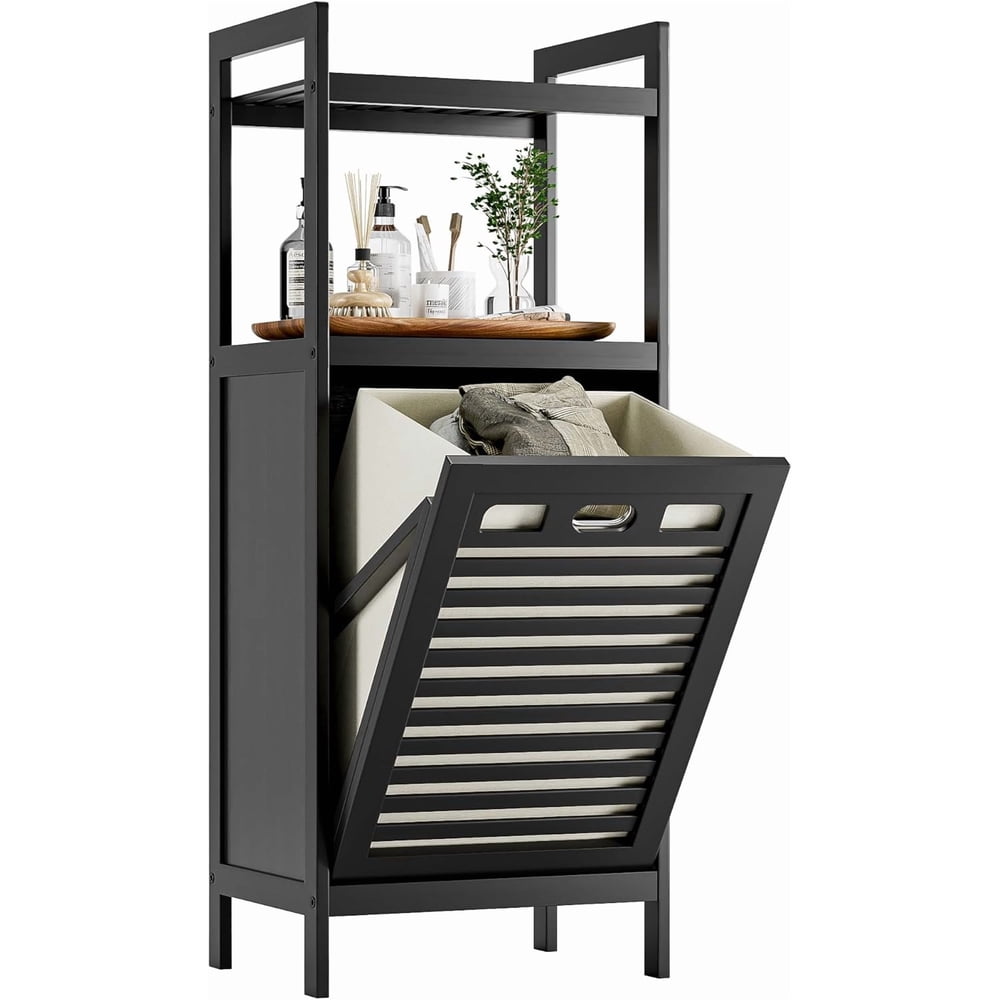 Tilt-Out Laundry Hamper Cabinet with Shelf, Removable Liner Basket, Black Frame  product photo