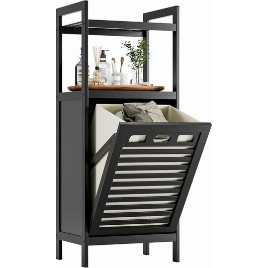 Tilt-Out Laundry Hamper Cabinet with Shelf, Removable Liner Basket, Black Frame  product photo